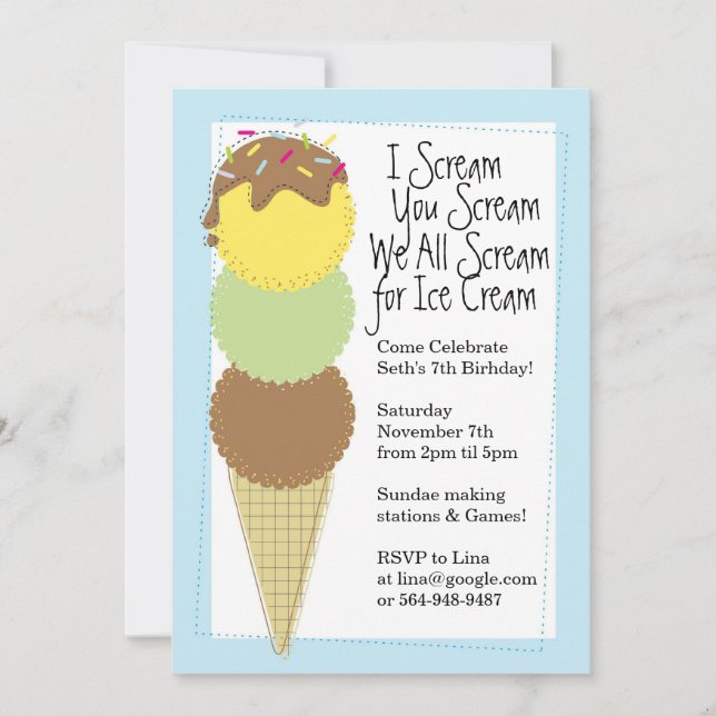 Boys Ice Cream Party Invitation (Front)