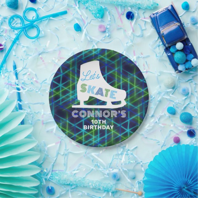 Boys Ice Skating Birthday Party Neon Paper Plates (Party)