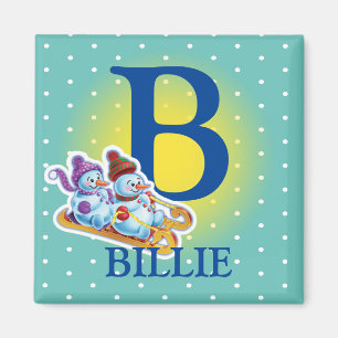 Boy's initial snowmen sledging fridge magnet