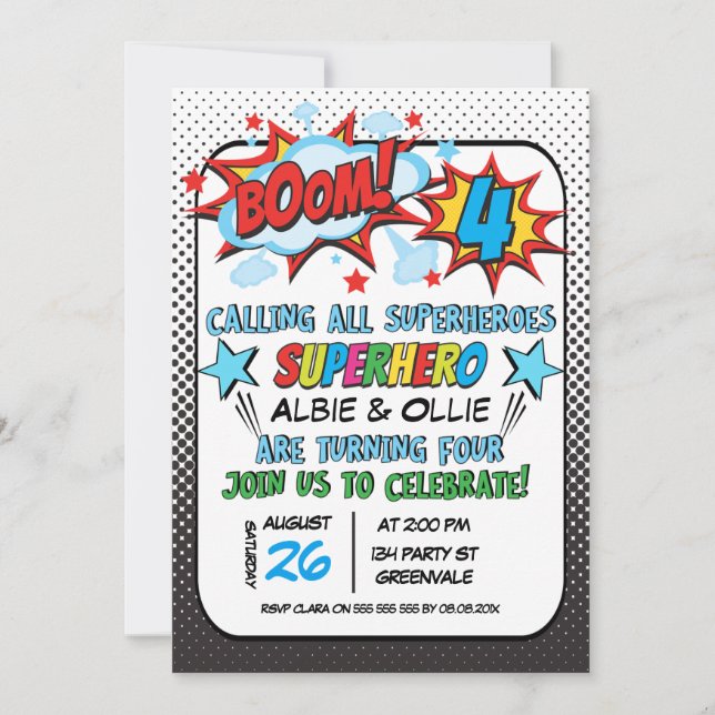 Boys Joint Superhero  4th Birthday Invitation (Front)