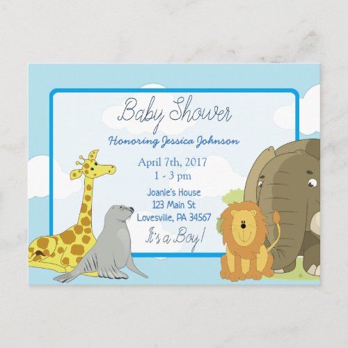 Boys Jungle or Zoo Animals Themed Baby Shower Invitation Postcard