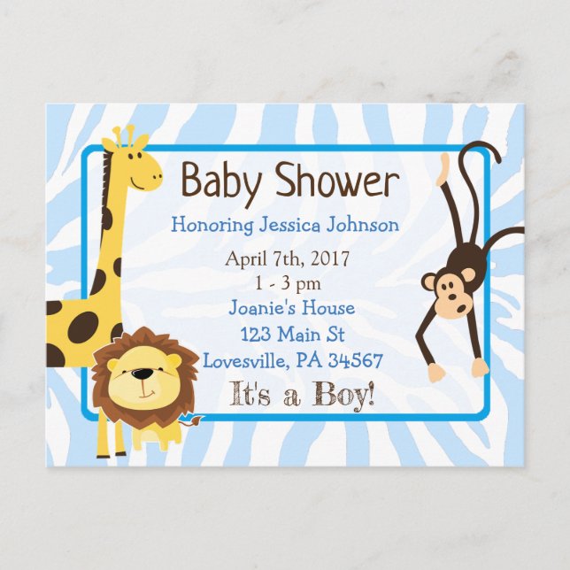 Boy's Jungle or Zoo Animals Themed Baby Shower Invitation Postcard (Front)