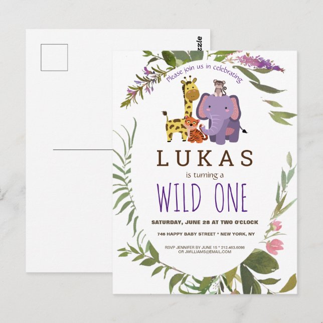 Boys Jungle Safari Animal 1st Birthday Invitation Postcard (Front/Back)