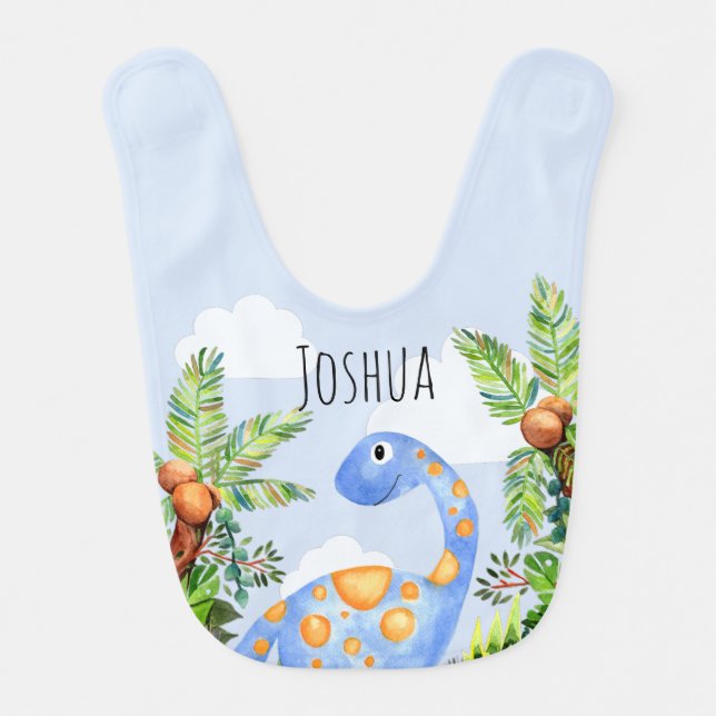 Boys Jungle Watercolor Dinosaur and Name Cute Baby Bib (Front)