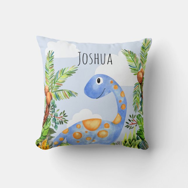 Boys Jungle Watercolor Dinosaur and Name Kids Throw Pillow (Front)