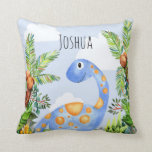 Boys Jungle Watercolor Dinosaur and Name Kids Throw Pillow<br><div class="desc">This lovely design features a hand painted jungle watercolor dinosaur with a blue background,  and can be personalized with your baby boy's name. Perfect for any dinosaur loving kids room or baby's nursery. Check out our store for other gorgeous designs!</div>