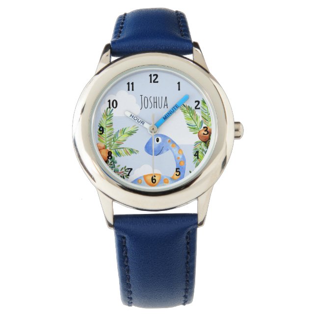 Boys Jungle Watercolor Dinosaur and Name Kids Watch (Front)