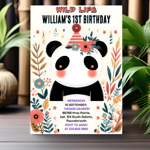 Boys Kids Charm baby Girls Panda 1st Birthday Invitation