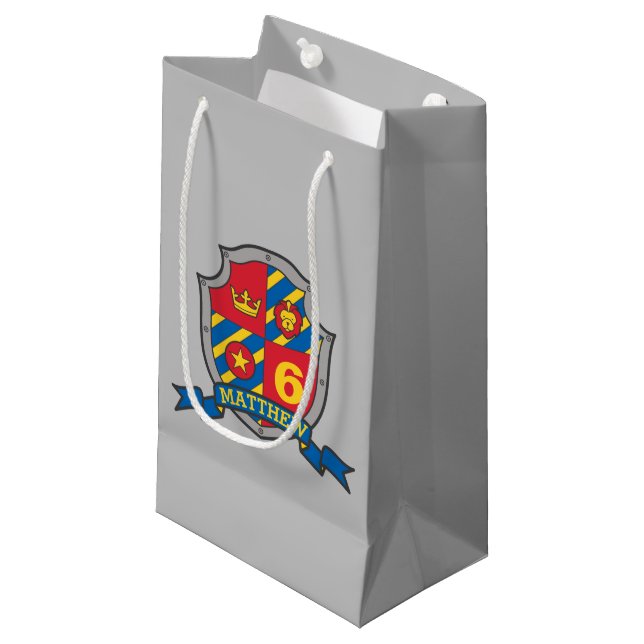 Boys kids knight shield name 6th birthday small gift bag (Front Angled)