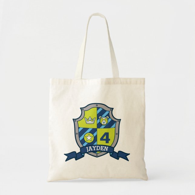 Boys kids knight shield name bear green blue tote bag (Front)