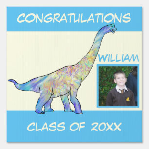 Boys Kindergarten Graduation Dinosaur Photo Blue Sign