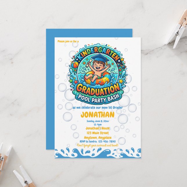 Boys Kindergarten Graduation Pool Party Invitation (Front/Back In Situ)