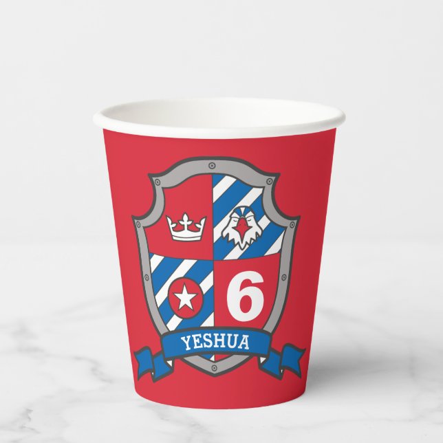 Boys knights birthday personalized red kid party  paper cups (Front)