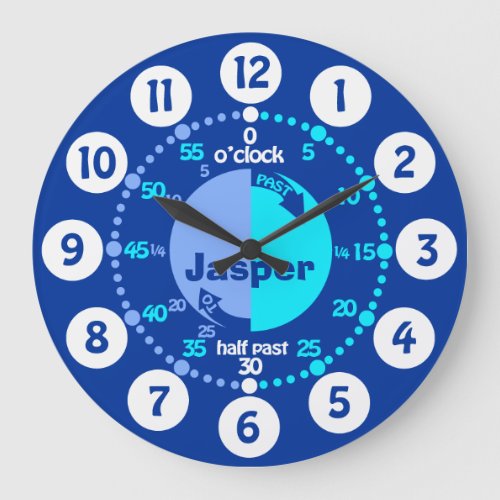 Boys learn to tell time blue named clock