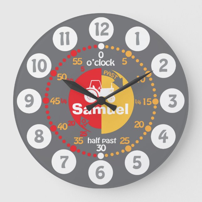 Boys learn to tell time gray red tractor clock (Front)