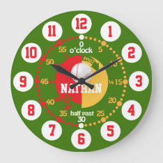 Boys Learn To Tell Time Green Red Name Baseball Large Clock at Zazzle