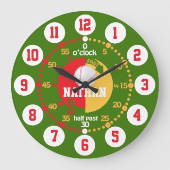 Boys Learn To Tell Time Green Red Name Baseball Large Clock by Mylittleeden at Zazzle