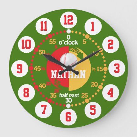 Boys Learn To Tell Time Green Red Name Baseball Large Clock