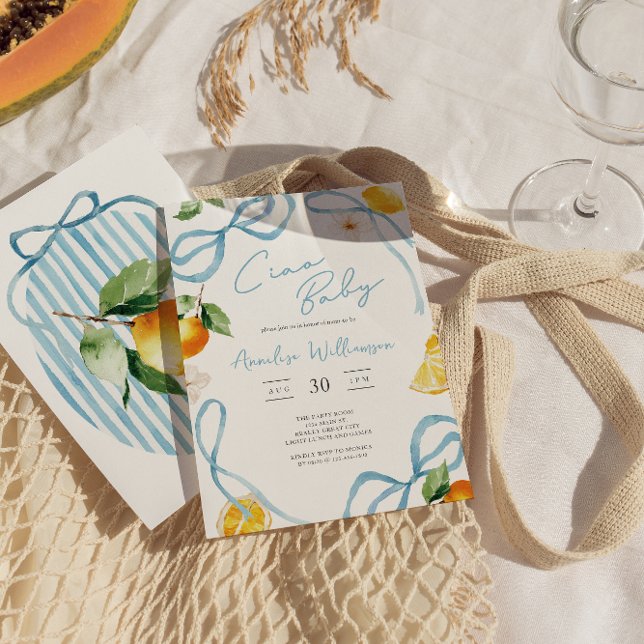 Boys Lemon Ciao Baby Italian Baby Shower Invitation (Blue Bows Boys Italian Lemon Baby Shower Invite)