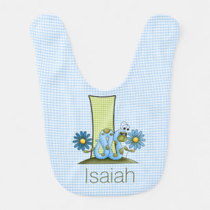 Boys Letter I Monogram Blue and Green Inchworm Baby Bib