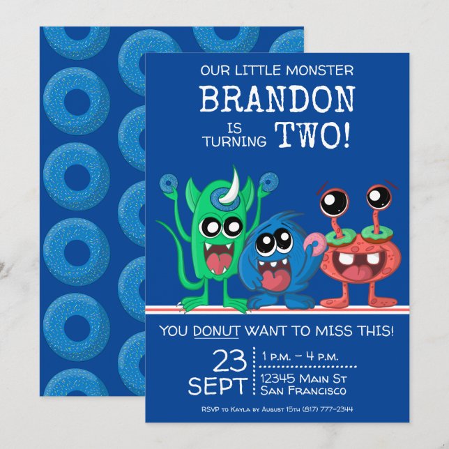 Boys Little Monster Donut Birthday Party Invitation (Front/Back)