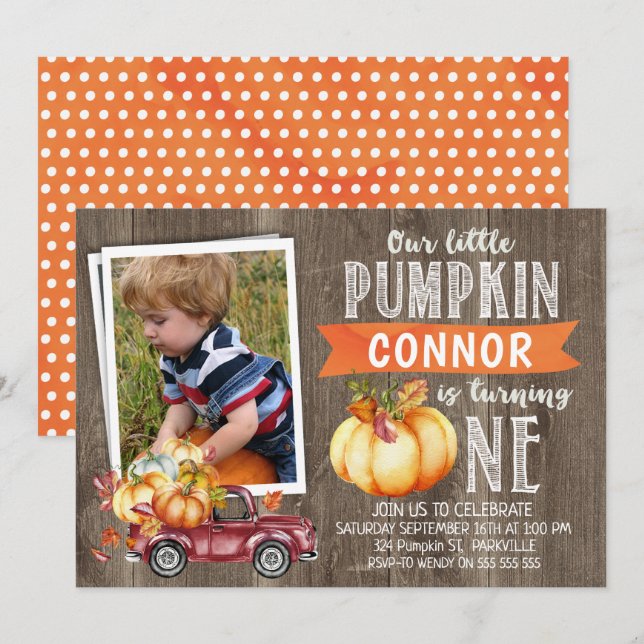 Boy's Little Pumpkin Photo1st Birthday Invitation (Front/Back)