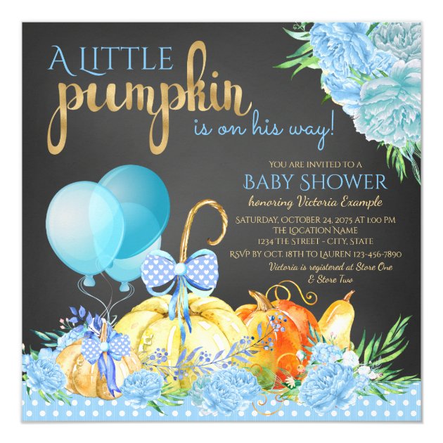 Boys Little Pumpkin Rustic Chalkboard Baby Shower Invitation