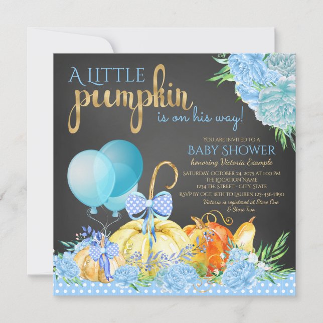 Boys Little Pumpkin Rustic Chalkboard Baby Shower Invitation (Front)