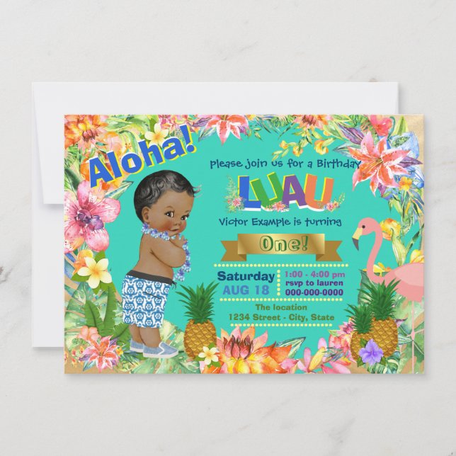 Boys Luau Birthday Party African American Luau Invitation (Front)