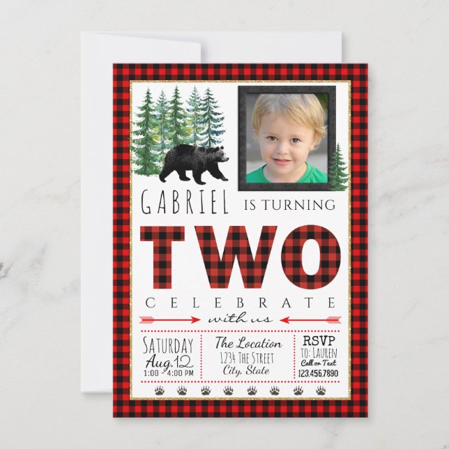 Boys Lumberjack 2nd Birthday Party Invitations (Front)