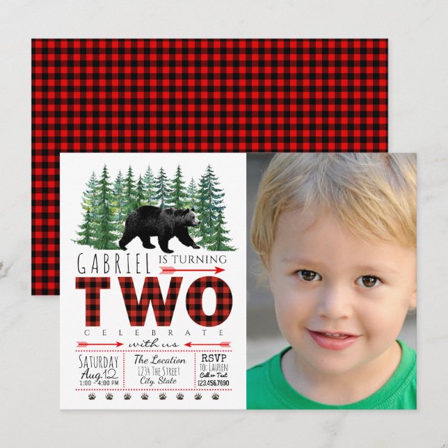 Boys Lumberjack Bear Photo 2nd Birthday Invitation (Front/Back)