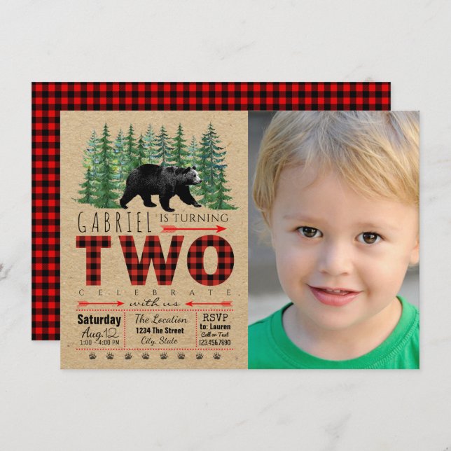 Boys Lumberjack Second Birthday Party Invitations (Front/Back)