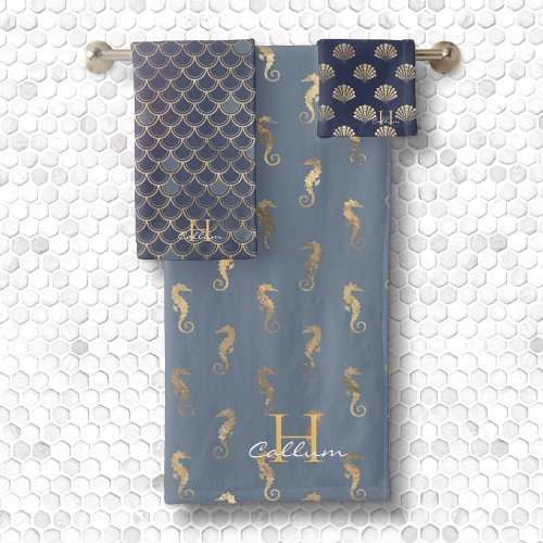 Boys Metallic Gold Monogrammed Dusty Blue Merman Bath Towel Set