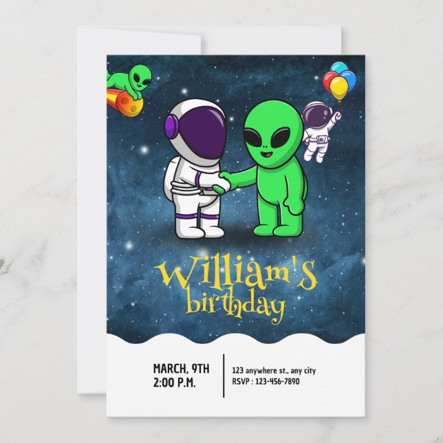 Boys Modern Astronaut & Alien Kids Birthday Invitation (Front)
