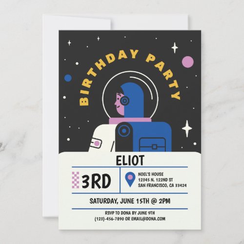 Boys Modern Astronaut Black Kids Birthday Invitation