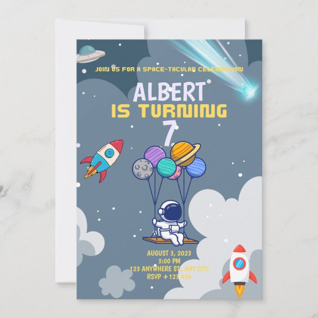 Boys Modern Astronaut Gray Kids Birthday Invitation (Front)