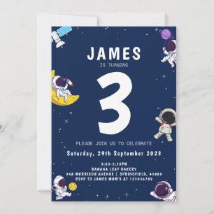 Boys Modern Astronaut Navy Kids Birthday Invitation