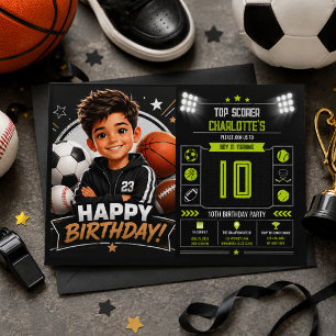 Boys Modern Black Sports Kids 10th Birthday Invitation