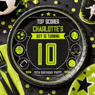 Boys Modern Black Sports Kids 10th Birthday Paper Plates
