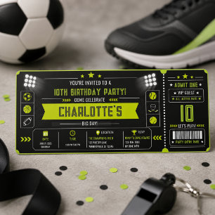 Boys Modern Black Sports Kids 10th Birthday Ticket Invitation