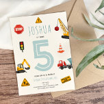 Boys Modern Blue Construction Kids Birthday Invitation<br><div class="desc">This cute and modern construction-themed kids birthday invitation design features a blue building cartoon design, with a digger, concrete truck, and road signs. The invite can be personalized with your boys name and other details necessary for your party. The perfect addition to your child's birthday party. This invitation is set...</div>