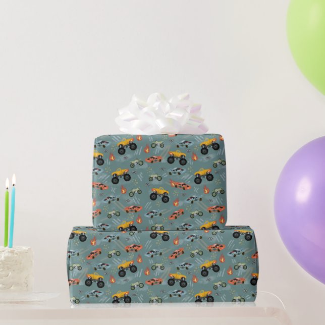 Boys Modern Blue Racing Car Kids Birthday Wrapping Paper (Party Gifts)
