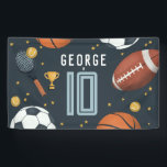 Boys Modern Blue Sports Kids Birthday Banner<br><div class="desc">This cool and modern sports-themed kids birthday banner design features a blue sports cartoon design, with a basketball, football, soccer ball, tennis racket, trophy, and stars. The banner can be personalized with your boys name, age, and date of the party. The perfect sports-themed addition to your child's party, perfect for...</div>