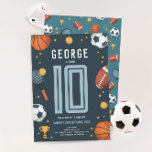 Boys Modern Blue Sports Kids Birthday Invitation<br><div class="desc">This cute and modern sports-themed kids birthday invitation design features a blue sports cartoon design, with a basketball, football, soccer ball, tennis racket, trophy, and stars. The invite can be personalized with your boys name and other details necessary for your party. The perfect sports-themed addition to your child's birthday party....</div>