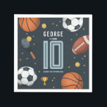 Boys Modern Blue Sports Kids Birthday Napkins<br><div class="desc">This cute and modern sports-themed kids birthday napkin design features a blue sports cartoon design,  with a basketball,  football,  soccer ball,  tennis racket,  trophy,  and stars. The napkin can be personalized with your boys name,  age,  and date of the party. The perfect sports-themed addition to your child's party.</div>