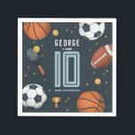 Boys Modern Blue Sports Kids Birthday Napkins<br><div class="desc">This cute and modern sports-themed kids birthday napkin design features a blue sports cartoon design,  with a basketball,  football,  soccer ball,  tennis racket,  trophy,  and stars. The napkin can be personalized with your boys name,  age,  and date of the party. The perfect sports-themed addition to your child's party.</div>