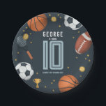 Boys Modern Blue Sports Kids Birthday Paper Plates<br><div class="desc">This cute and modern sports-themed kids birthday paper plate design features a blue sports cartoon design,  with a basketball,  football,  soccer ball,  tennis racket,  trophy,  and stars. The plate can be personalized with your boys name,  age,  and date of the party. The perfect sports-themed addition to your child's party.</div>