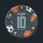 Boys Modern Blue Sports Kids Birthday Paper Plates<br><div class="desc">This cute and modern sports-themed kids birthday paper plate design features a blue sports cartoon design,  with a basketball,  football,  soccer ball,  tennis racket,  trophy,  and stars. The plate can be personalized with your boys name,  age,  and date of the party. The perfect sports-themed addition to your child's party.</div>