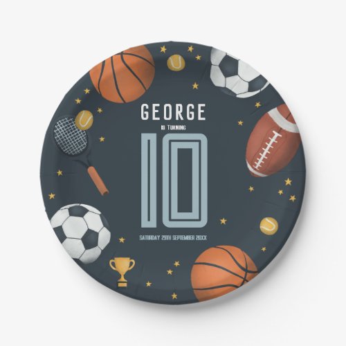 Boys Modern Blue Sports Kids Birthday Paper Plates