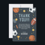 Boys Modern Blue Sports Kids Birthday Thank You Card<br><div class="desc">This cool and modern sports-themed kids birthday thank you card design features a blue sports illustration,  with a basketball,  football,  soccer ball,  tennis racket,  trophy,  and stars. The card can be personalized with your boys name and thank you message.</div>